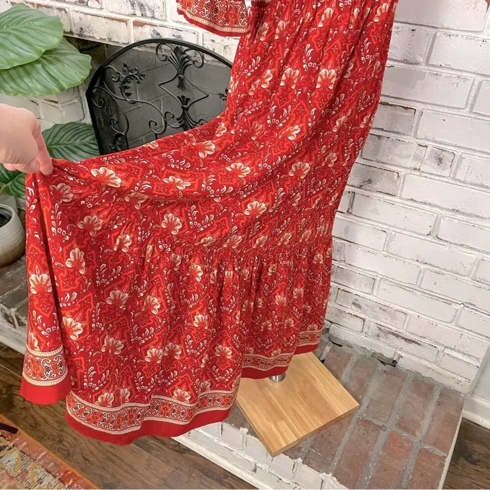 Red Bright Boho Floral Puff Shoulder Smocked Top Ruffle Hem Midi Dress L - Picture 5 of 9